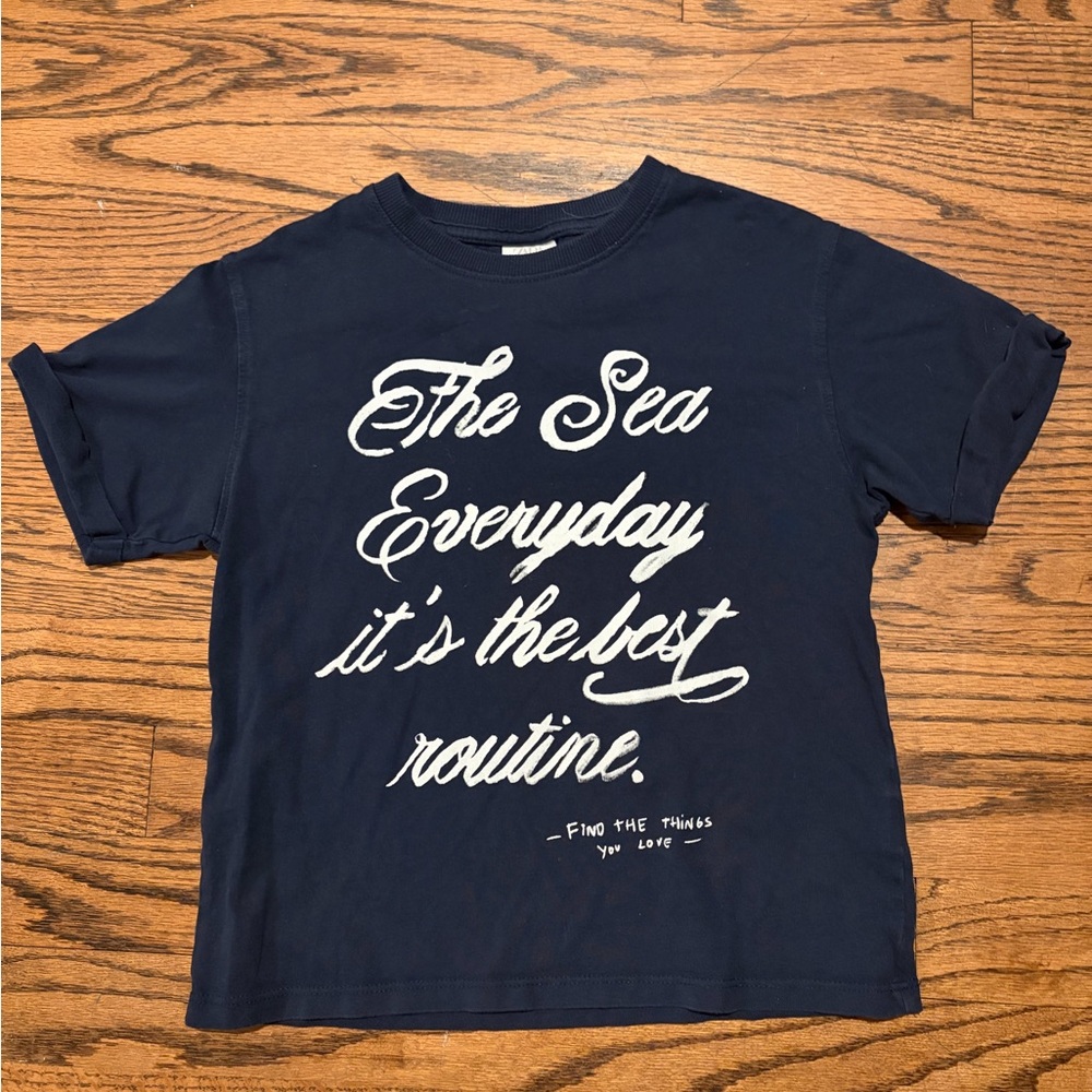 Zara Navy Short-Sleeve Tee with White Script Graphic